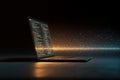 Coding project on laptop displaying colorful source code with sparkles at a dimly lit workspace Royalty Free Stock Photo