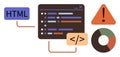 Coding Interface with HTML, Debug Alerts, and Data Visualization Elements Royalty Free Stock Photo