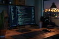 Coding session at dusk with illuminated city skyline and computer setup Royalty Free Stock Photo