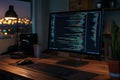 Coding session at dusk with illuminated city skyline and computer setup Royalty Free Stock Photo