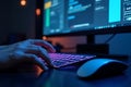 Coding session at home computer programming technology digital workspace nighttime close-up