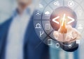 Coding with software developer touching AR screen icons, agile, debug Royalty Free Stock Photo