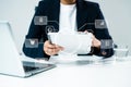 Coding software developer work with augmented reality dashboard computer icons Royalty Free Stock Photo