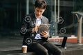 Coding software developer work with augmented reality dashboard computer icons with responsive cybersecurity Royalty Free Stock Photo