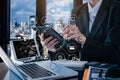 Coding software developer work with augmented reality dashboard computer icons of scrum agile development and code fork Royalty Free Stock Photo