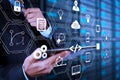 businessman hand using tablet computer and server room Royalty Free Stock Photo