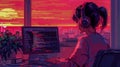 Coding at Sunset with Vibrant Cityscape Background