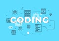 Coding text concept modern flat style vector illustration red banner with outline icons