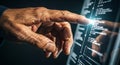Coding Touch: Hand Interacting with Digital Code on Screen Royalty Free Stock Photo