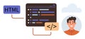 Coding and Web Development Concept with HTML Code, Programming Display, Developer Portrait, and Cloud Element Royalty Free Stock Photo