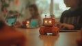 Coding workshop for kids with robot interaction and laptops AI generated