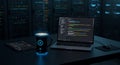 Coding Workspace with Coffee and Data Center Background Royalty Free Stock Photo