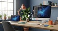 Coding Workspace Computer, Laptop, Desk, Home Office Setup Royalty Free Stock Photo