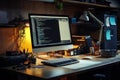 Coding workspace with computer setup, tools, and warm light in a creative environment Royalty Free Stock Photo