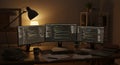 Coding Workspace with Multiple Monitors and Desk Lamp Software Development Royalty Free Stock Photo