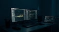 Coding Workspace with Multiple Monitors Displaying Data and Software Code Royalty Free Stock Photo
