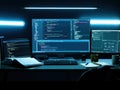 Coding Workspace with Multiple Screens at Night Royalty Free Stock Photo