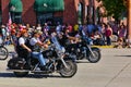 Cody, Wyoming, USA - July 4th, 2009 - Man and woman riding a motorcycle together in the Independence Day Parade