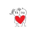 Boy and a girl in love holding a big red, cartoon character, vector. Funny, cute cartoon illustration. Valentine greeting card Royalty Free Stock Photo