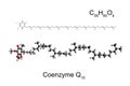 Chemical formula, skeletal formula, and 3D ball-and-stick model of coenzyme Q10, white background Royalty Free Stock Photo