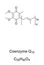 Coenzyme Q10, or also ubiquinone-10, chemical formula