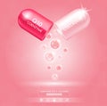 Coenzyme Q10 red and collagen pack pink with capsule solution serum. Natural cosmetics lotion for face or body