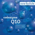 Coenzyme Q10. Transparent Bubbles on Blue Background.