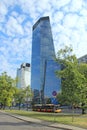 Coexistence of nature and modern city. tree growing against skyscraper in Warsaw