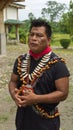 Cofan ethnic man talking in traditional clothing in the Cofan Dureno millennium community located on the edge of the Aguarico Royalty Free Stock Photo