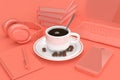 Cofee Cup with Coffee Beans Begirt by Mobile Phone, Books, Laptop, Notepad and Headphones in Pink Key. 3d Rendering Royalty Free Stock Photo