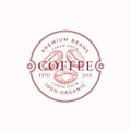 Coffe Badge or Logo Template. Hand Drawn Coffee Beans Sketch with Retro Typography and Borders. Vintage Premium Emblem.