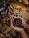 Coffe bean in hand and wooden table Royalty Free Stock Photo