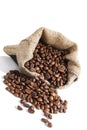 Coffe beans in brown sack. Royalty Free Stock Photo