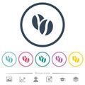 Coffe beans flat color icons in round outlines