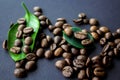Coffe beans and green leaf Royalty Free Stock Photo