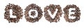 Coffe beans used to spell the word love Royalty Free Stock Photo