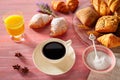 Coffe breakfast with orange juice croissant bread Royalty Free Stock Photo