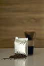 Coffe cup and mockup paper bag on wooden Royalty Free Stock Photo