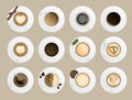Coffe cup top view realistic vector drink different types of coffee, cappuccino, latte, chocolate, cocoa on table Royalty Free Stock Photo
