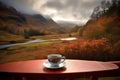 coffe cup on wooden table in front of small river valley cloudy autumnal morning in Scotland, neural network generated