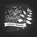 Coffe house logo, badge template on the chalkboard. Vector . Typography design with coffee cup and branch of coffee tree