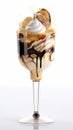 Coffe ice cream with biscuit, chocolate syrup, whipped cream and an isolated white background Royalty Free Stock Photo