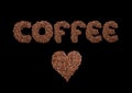 Coffe love sign created of coffee beans isolated on black background Royalty Free Stock Photo