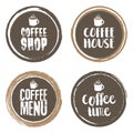 Coffe Menu Letters and Cup. Grunge circle set. Vector illustration