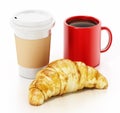 Coffe mug, cup and croissant isolated on white background. 3D illustration Royalty Free Stock Photo