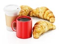Coffe mug, cup and croissants isolated on white background. 3D illustration Royalty Free Stock Photo