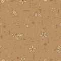 Coffe pattern with coffee beans, flowers, berries.Seamless vector illustration on a light brown background.