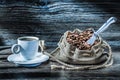 Coffe sack with beans and scoop Royalty Free Stock Photo