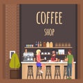 Coffe Shop with Barista and Visitors. Flat Banner