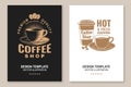 Coffe shop logo, badge template. Vector. Flyer, brochure, banner, poster with coffee cup silhouette. Template for menu